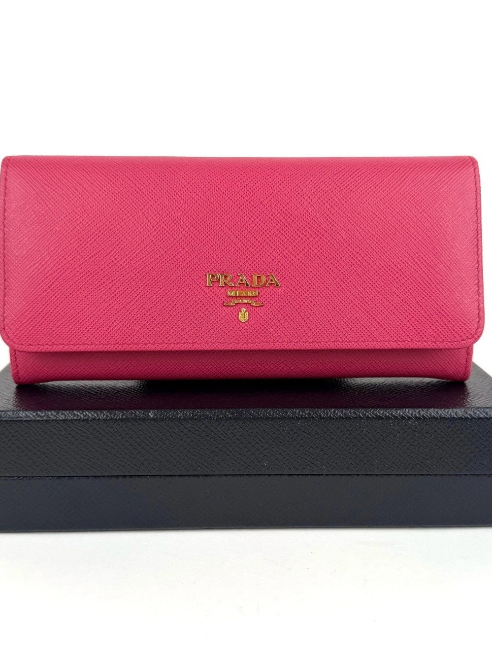 Prada Pink Saffiano Leather Card & Key Holder with Gold Logo